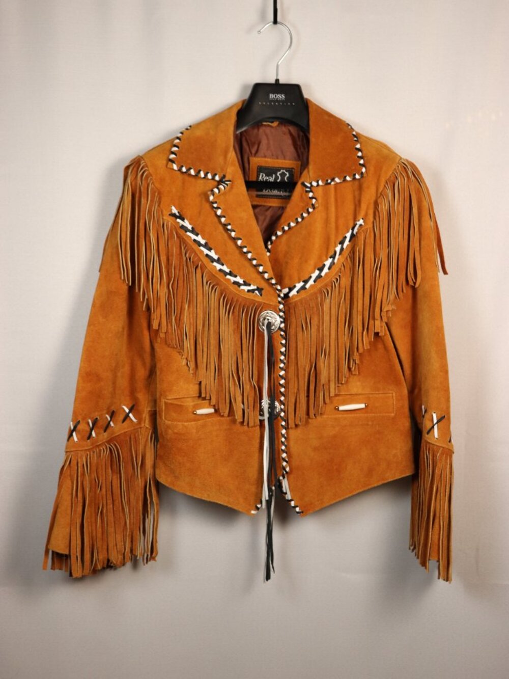 Hand Made Real Leather Native Cowboy/Cowgirl Jacket M/L Natural Tan Black/White - Picture 2 of 4